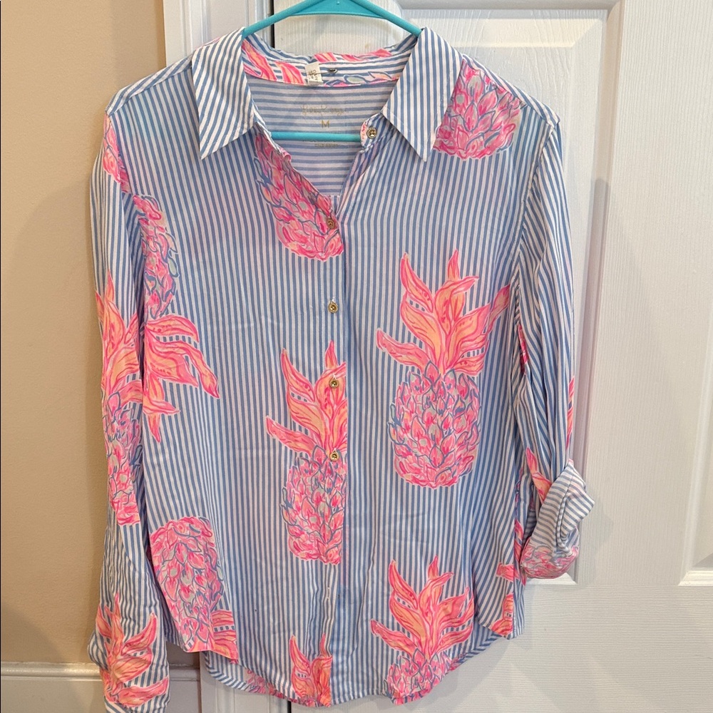 Lilly Pulitzer Holy Grail Sea View button down Top Blue Peri Rum Swizzle Medium